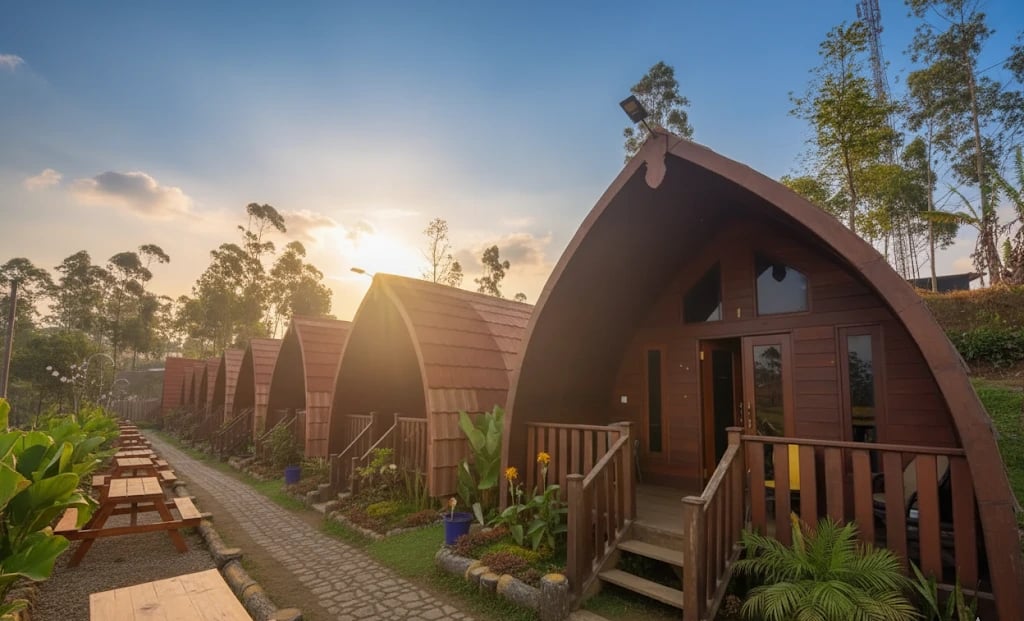Pondok-pondok kayu unik dengan atap melengkung berjejer di area penginapan, dikelilingi taman, dengan latar belakang pohon da
