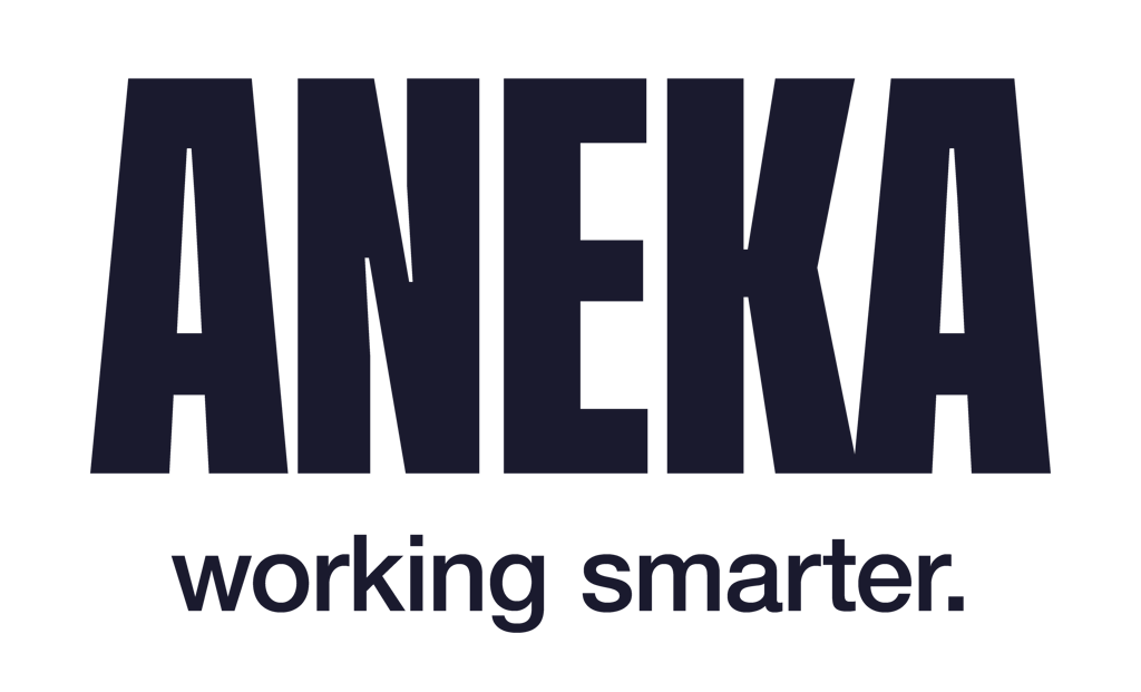 Business name, "Aneka", in black block capital letters, with the words "working smarter" underneath