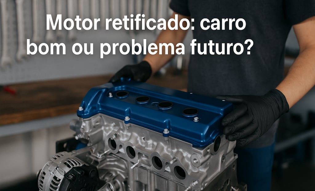 Motor retificado com tampa azul sendo finalizado por mecânico com luvas em oficina organizada.