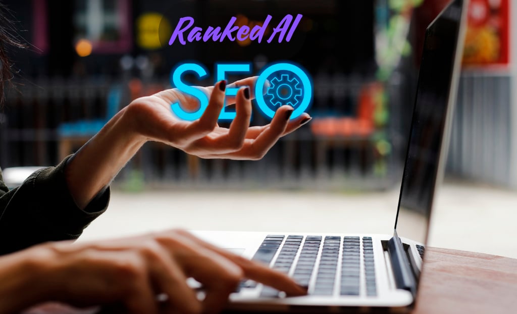 a person holding SEO on their hand why typing on the laptop with Ranked AI on the image