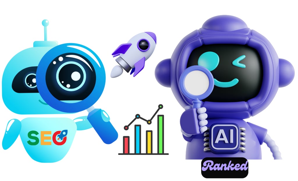 a robot toy with with SEO and another robot toy with AI Ranked