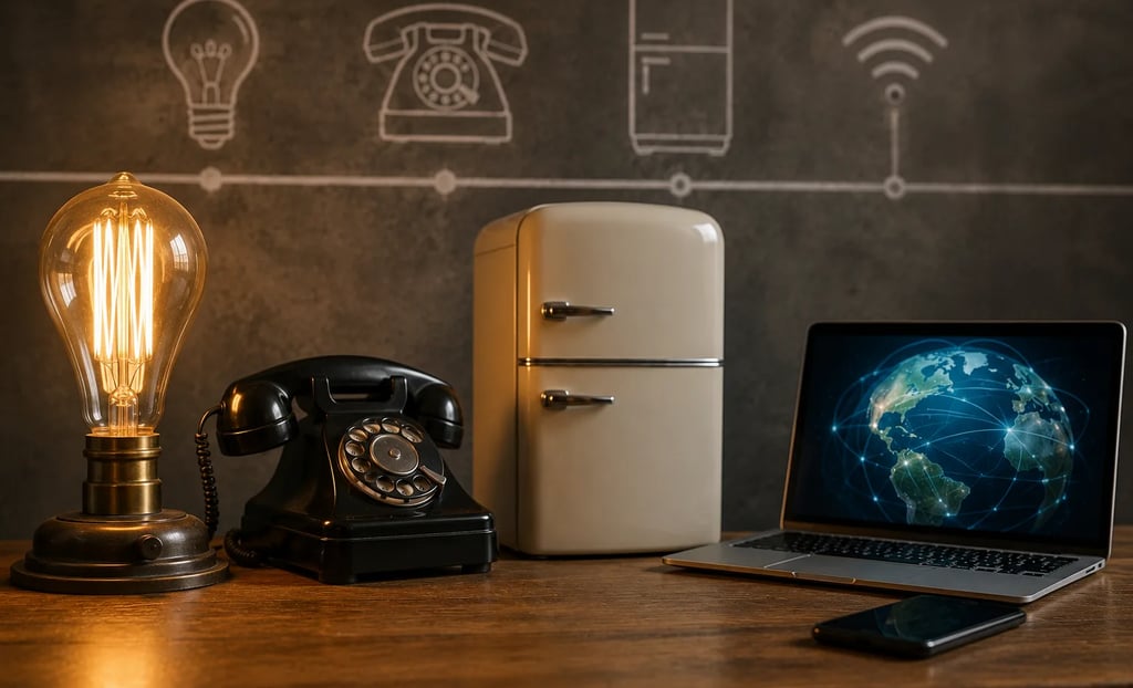 Evolution of technology from vintage appliances to modern internet connectivity