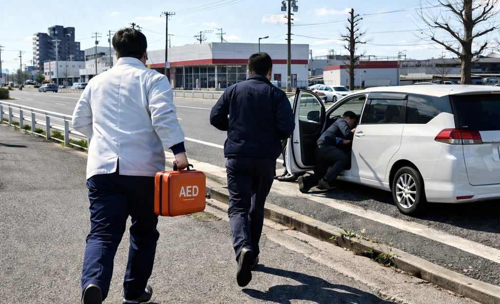 AEDを持って現場に向かう人と車内で救命対応を行う様子のイメージ画像｜堺市のニュースならサカイタイムズ