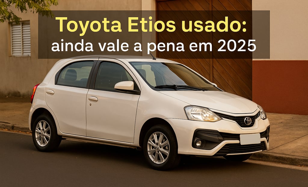 Toyota Etios branco estacionado em rua residencial ao entardecer, com casas simples ao fundo e foco 