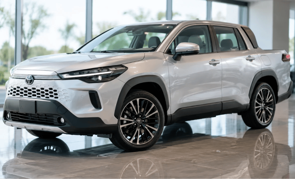Nova picape Toyota baseada no Corolla Cross em showroom moderno e iluminado