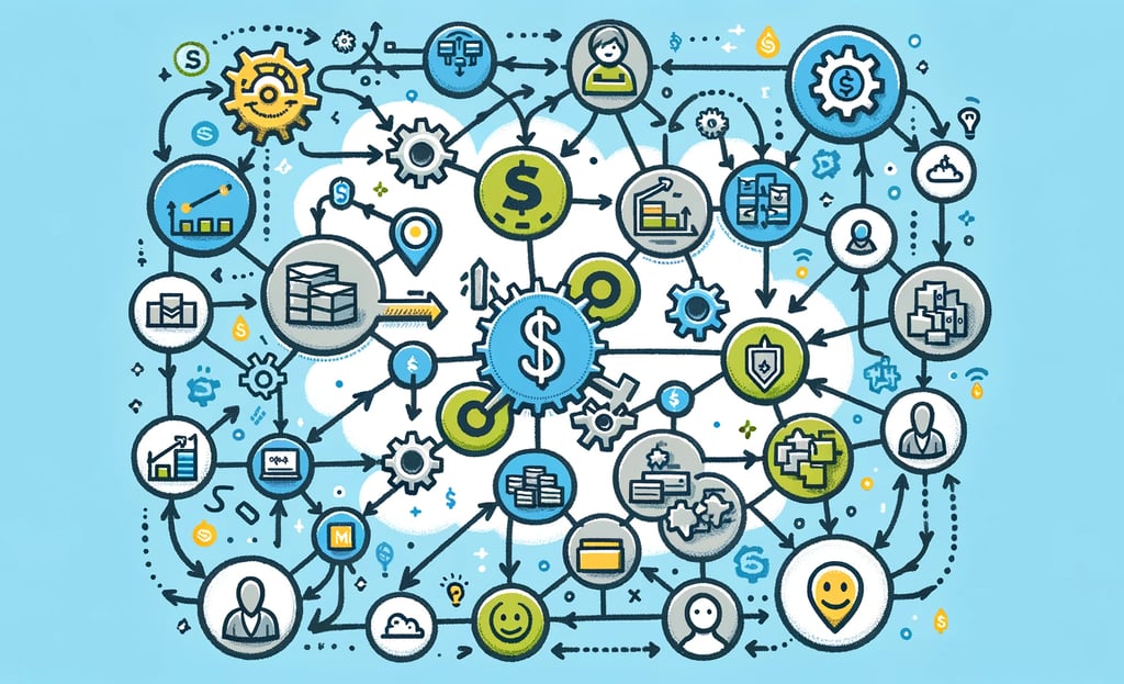 a diagram of a business process with icons and icons