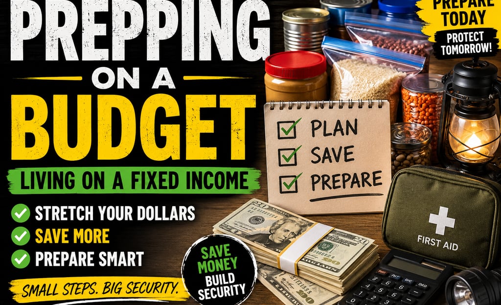 Emergency prepping on a budget with food supplies, first aid kit, and cash for living on a fixed income.