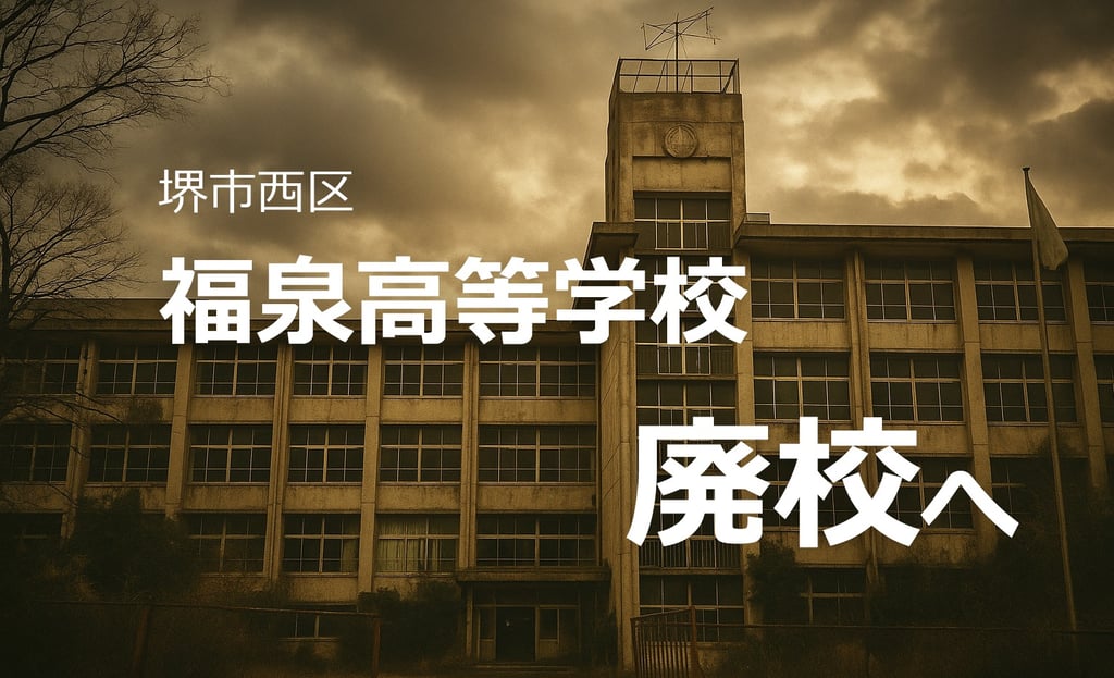 堺市西区の府立福泉高等学校が令和8年度から募集停止・廃校となることを報じる画像。校舎外観と「福泉高等学校 廃校へ」の文字を掲載｜堺市のニュースならサカイタイムズ
