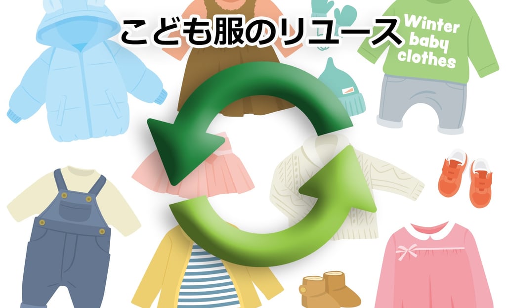 こども服や帽子、靴などの衣類とリサイクルを示す矢印マークが描かれた「こども服のリユース」のイメージ画像|堺市のニュースならサカイタイムズ