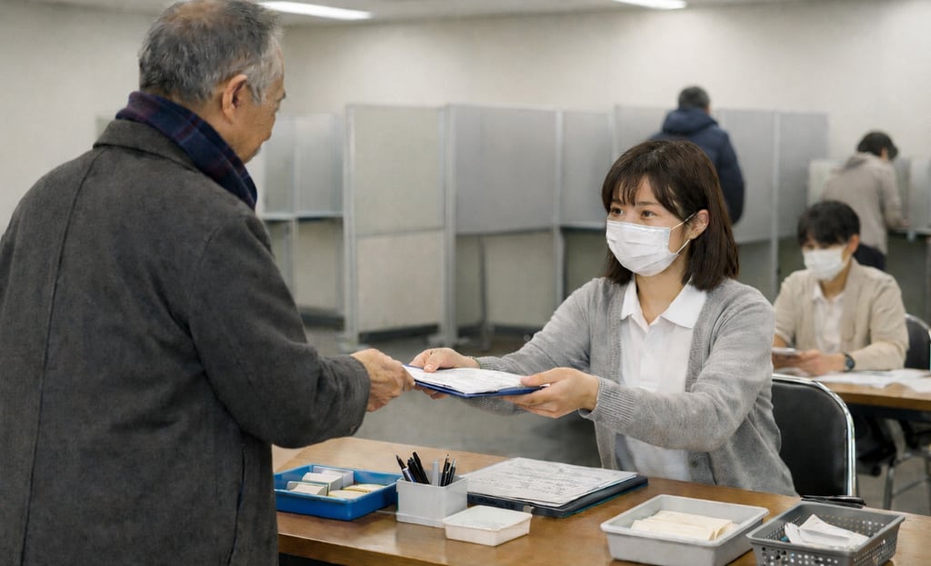 期日前投票の受付で職員が書類を手渡す様子のイメージ画像｜堺市のニュースならサカイタイムズ
