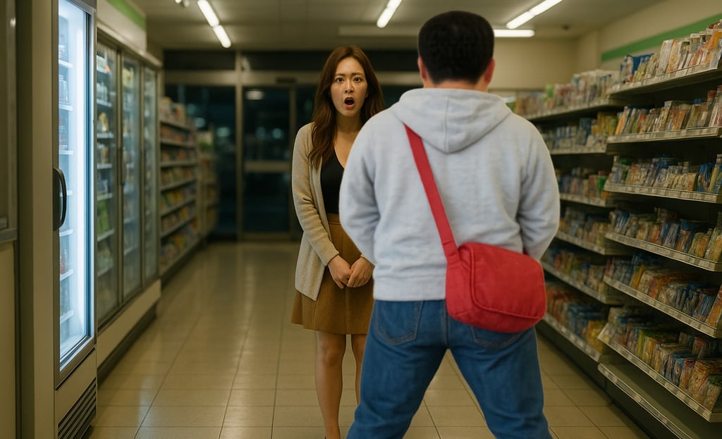 店内で男が女性の前に立ちはだかる場面。公然わいせつ事件の発生状況を示すイメージ|堺市のニュースならサカイタイムズ