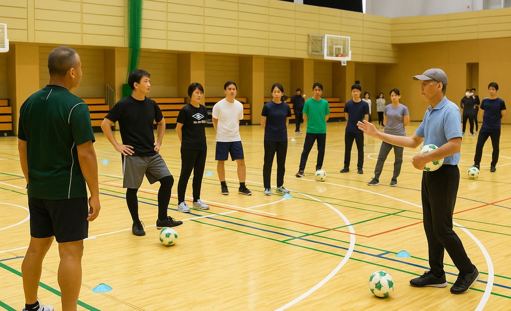 体育館で講師が受講者にサッカーボールを使って実技研修しているイメージ画像|堺市のニュースならサカイタイムズ