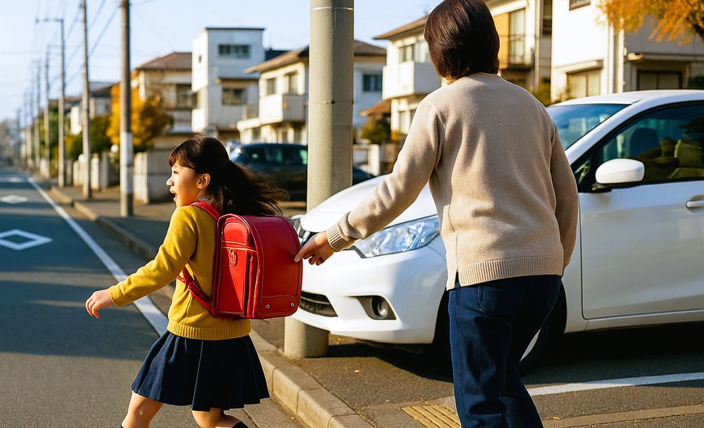 赤いランドセルを背負った女児のかばんを後ろから大人がつかむ場面を再現した不審者注意のイメージ画像|堺市のニュースならサカイタイムズ