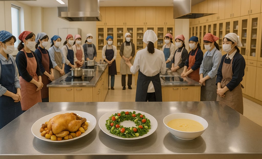 調理室で講師と参加者が向かい合い、手前に鶏のポットロースト・リース風サラダ・コーンスープが並ぶ様子のイメージ画像｜堺市のイベント情報ならサカイタイムズ