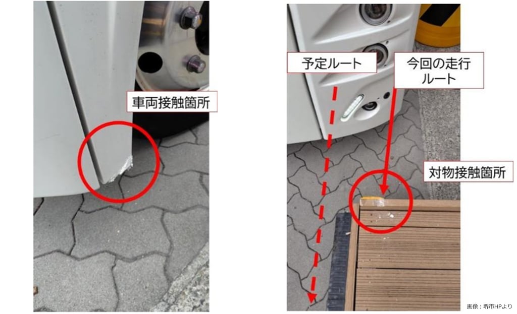 自動運転バス接触事故の損傷状況｜左：車体前方左側下部の傷、右：仮設プラットホームの接触跡｜堺市のニュースならサカイタイムズ