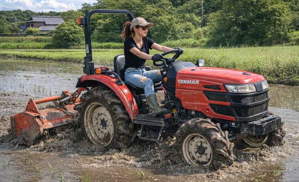 田んぼでトラクターを操作し、農作業を行う女性のイメージ画像｜堺市のニュースならサカイタイムズ