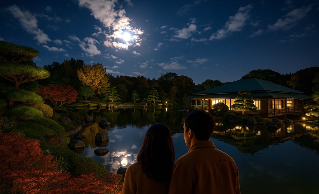 大仙公園日本庭園の夜間特別開園「観月の灯り」で池に映る月のイメージ画像｜堺市のニュースならサカイタイムズ