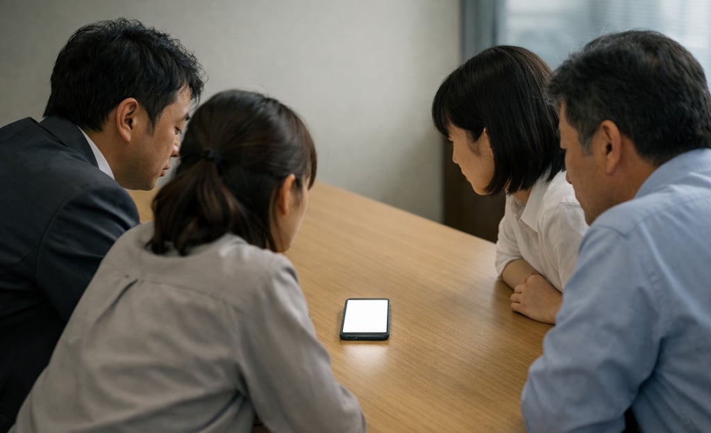 会議室で4人の大人がテーブル上のスマートフォンを囲み、画面を見つめながら協議しているイメージ画像｜堺市のニュースならサカイタイムズ