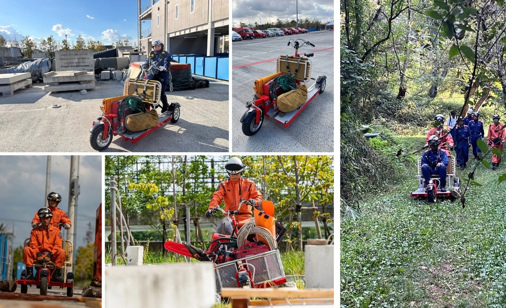 堺市消防局の隊員が災害用電動アシスト自転車「レスキューバイク」を使い、資機材を積載して走行訓練を行う様子。平地や草地での走行、資材運搬、二人乗車の試験などが写っている|堺市のニュースならサカイタイムズ