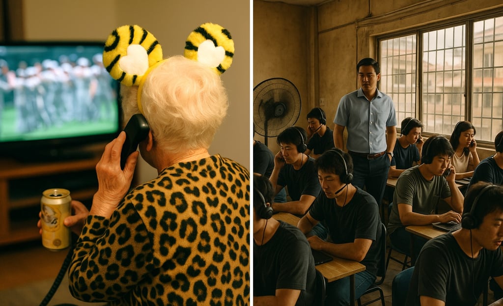 高齢女性が電話を受ける様子と、複数の人物がヘッドセットで電話をかける部屋の場面。特殊詐欺のイメージ画像|堺市のニュースならサカイタイムズ