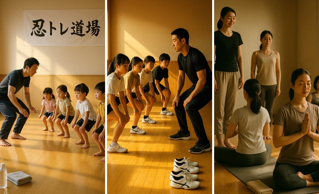 子どもたちが講師の指導で体を動かす「忍トレ道場」、小学生がトレーニングに励む「スポーツ塾~NOBI~」、大人が姿勢を整える体操を行う「姿勢美体操」のイメージ画像|堺市のニュースならサカイタイムズ