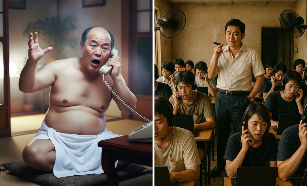 特殊詐欺の電話を受ける人と詐欺電話をかける集団の様子のイメージ画像|堺市のニュースならサカイタイムズ