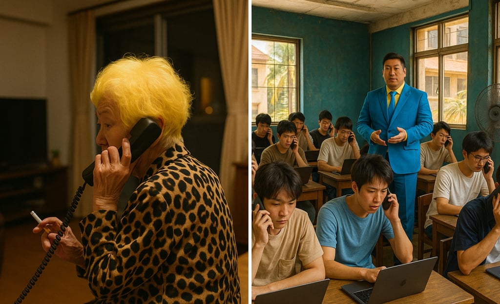 高齢者が電話を受ける場面と複数の若い男性が机で電話をかけている様子を写した構成写真｜堺市のニュースならサカイタイムズ