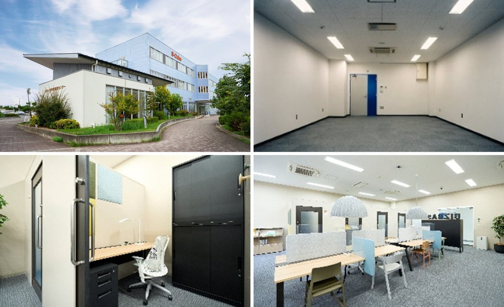 S-Cube外観とオフィスや創業準備デスクの画像｜堺市のニュースならサカイタイムズ