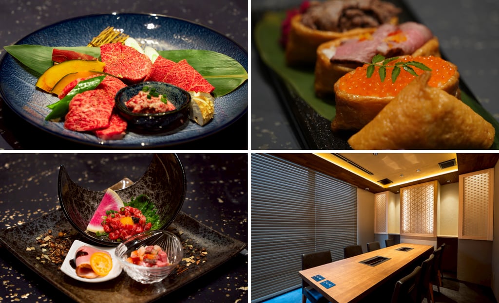 焼肉 銀翠苑のコース料理と全席完全個室の店内イメージ。和牛特選部位の盛り合わせや逆さいなり「SAKAI NO INARI」、前菜、無煙ロースター付きの個室空間を写した写真｜堺市のグルメ情報ならサカイタイムズ