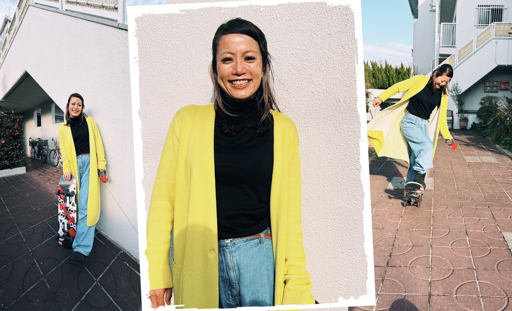 相澤めぐみさんのポートレート。黄色のロングカーディガンとデニム姿で笑顔を見せ、別カットではスケートボードに乗る様子も写っている｜堺市のニュースならサカイタイムズ