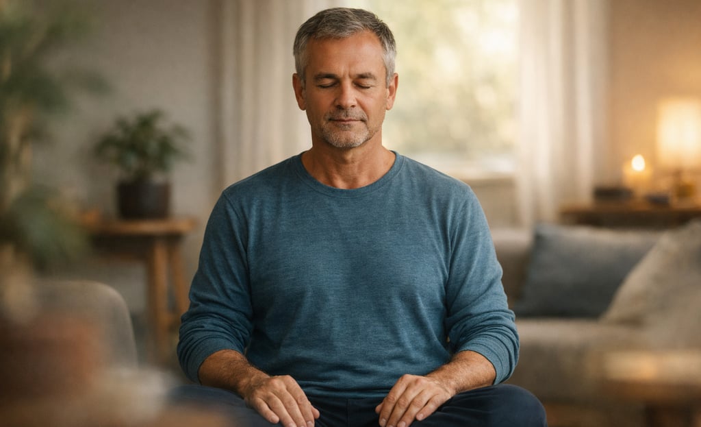 Pessoa sentada em presença calma em integração gradual da respiração consciente à vida cotidiana