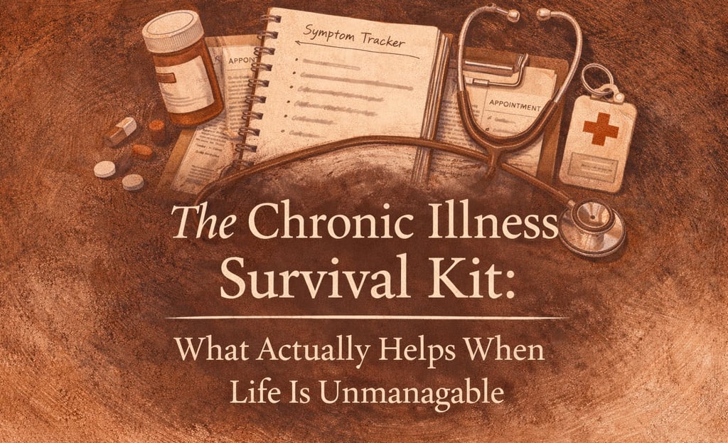 Symptom tracker notebook, pill bottle, pills, medical ID card, stethoscope, documents faded behind text.