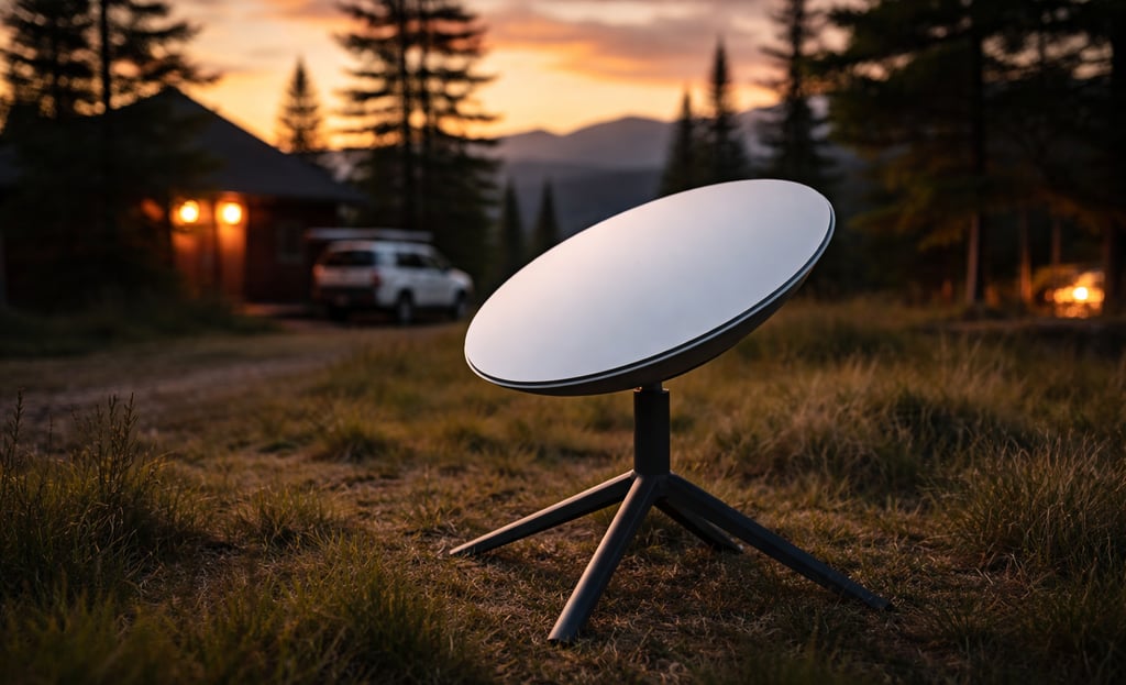Antena Starlink ao entardecer em área rural