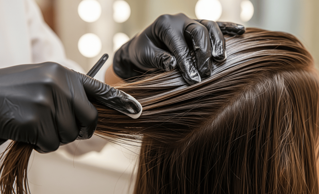 Cabeleireiro aplicando tratamento de alisamento/progressiva/botox capilar em cliente no salão We Hall Beauty em Bauru.