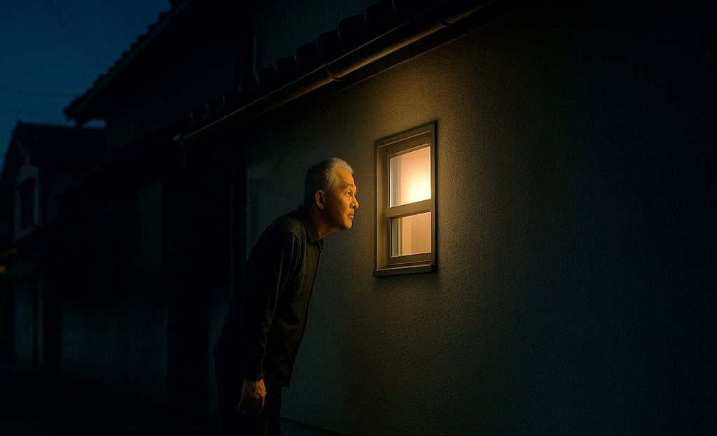 夜の住宅街で、男性が家の小窓をのぞき込む様子。堺市北区百舌鳥梅北町で発生した不審者事案のイメージ｜堺市のニュースならサカイタイムズ