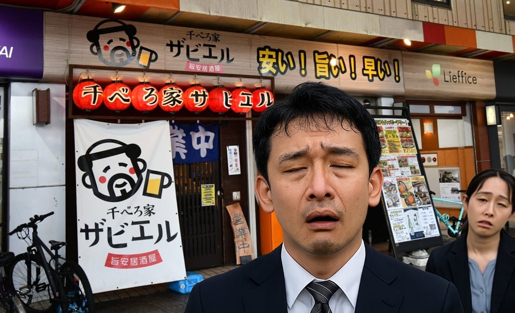 居酒屋「千べろ家ザビエル」の店舗前で疲れた表情の会社員が立つ様子を写した写真｜堺市のニュースならサカイタイムズ
