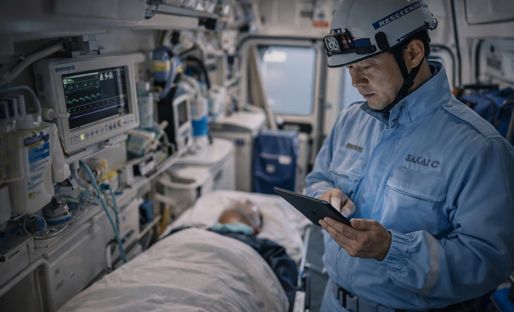 救急隊員がタブレット端末を操作し、救急搬送時の情報をデジタルで記録・共有するICT実証のイメージ画像｜堺市のニュースならサカイタイムズ