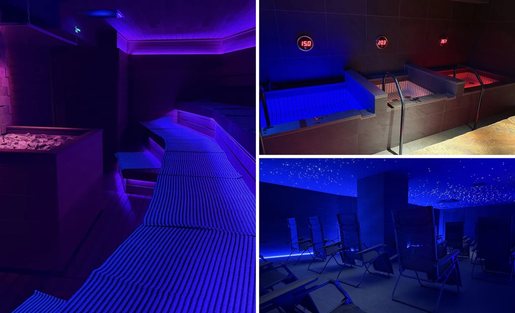 SAUNA totonou堺東駅前店の館内設備。温度表示のある水風呂と、照明を抑えたととのいスペースにリクライニングチェアを配置した様子｜堺市のニュースならサカイタイムズ