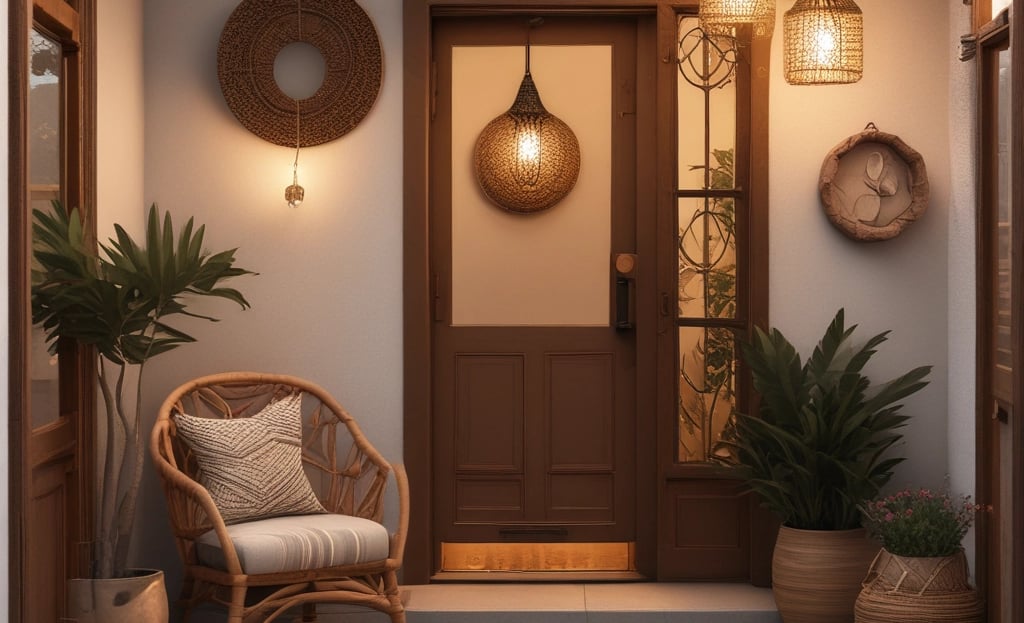 Dog stands before ornate wooden doors decorated for christmas.