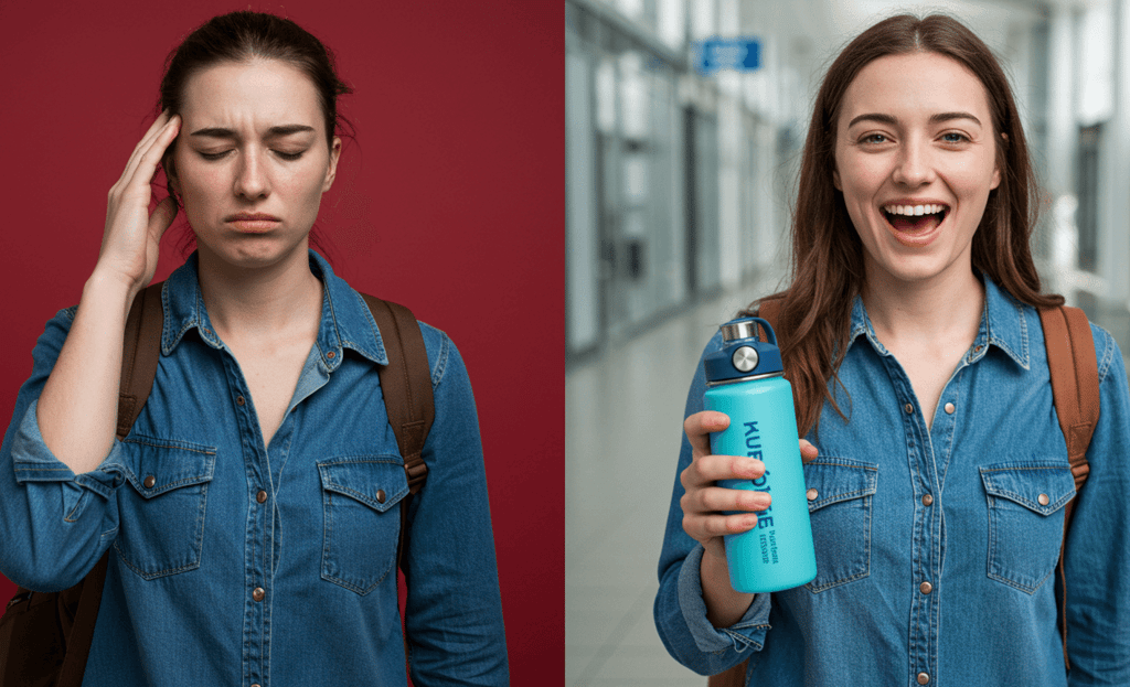 Hydration is a travel superpower. Dehydrated vs. refreshed traveler