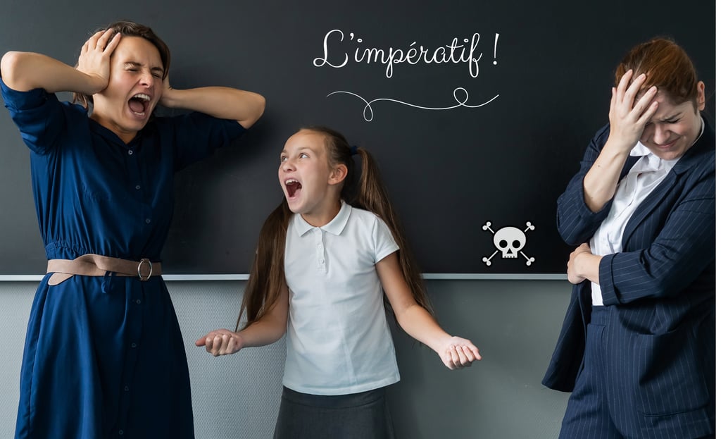 un tableau avec écrit l'impératif. Trois personnes crient