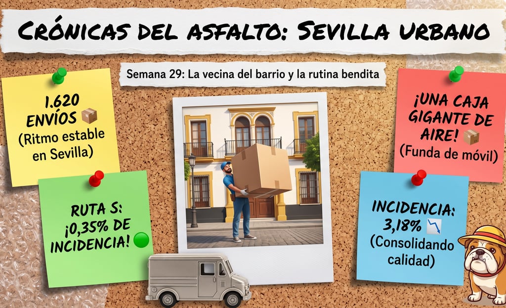 Infographic showing delivery statistics in Seville with a courier carrying a large cardboard box.