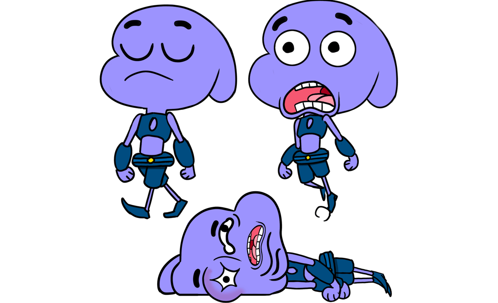 Dessin d'un personnage alien trébuchant sur un rocher, dans le style Gumball