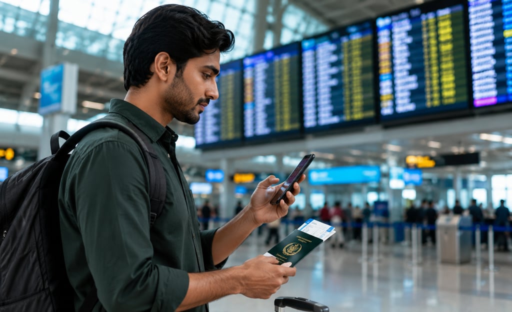 Pakistani traveler checking visa updates at the airport