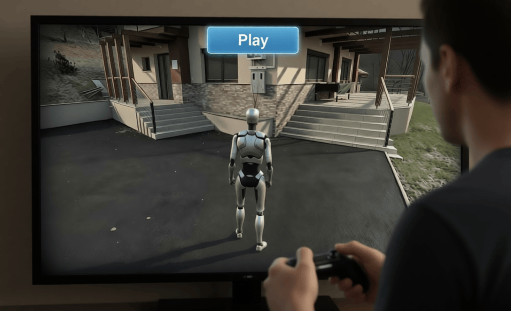 A person playing a simulation game featuring a humanoid robot standing outside a modern house.