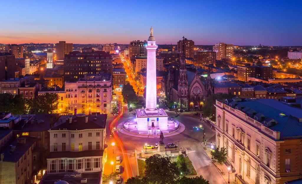 Baltimore, Maryland, USA cityscape at Mt. Vernon and the Washington Monument dating from 1829.