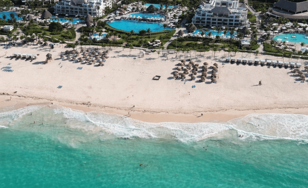 Aerial view of Punta Cana all inclusive resort with pools and beachfront amenities