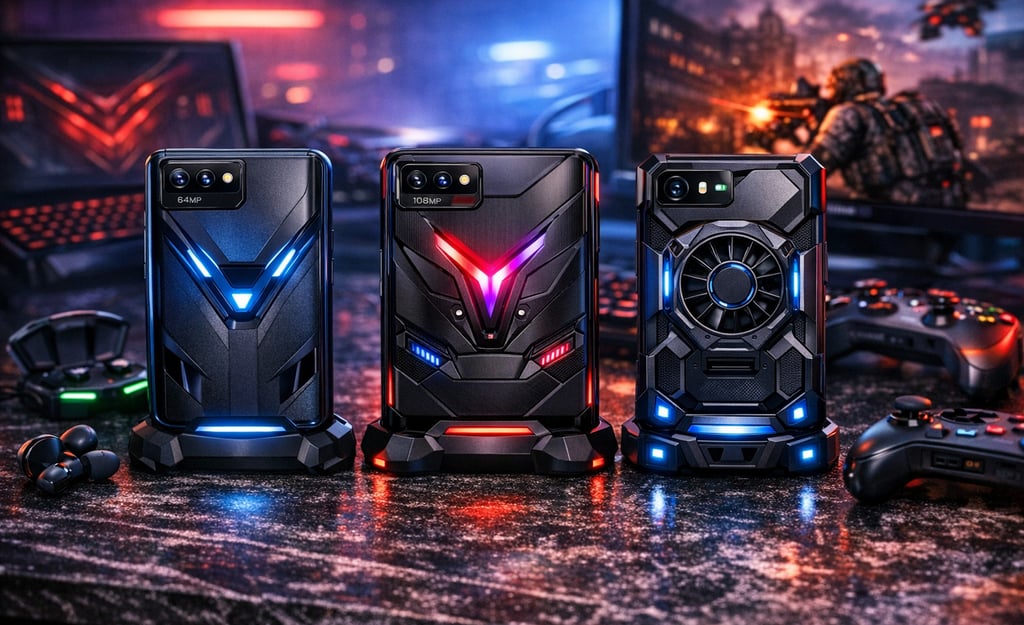 Três smartphones para jogos com iluminação RGB e ventoinhas de resfriamento sobre uma mesa