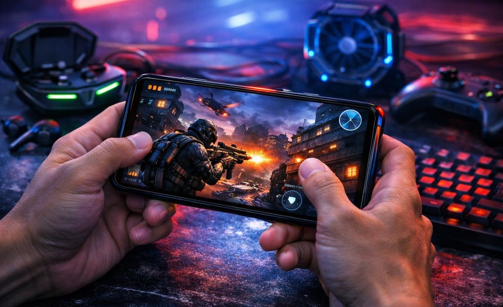 Jogador jogando um jogo de tiro em um smartphone com acessórios de jogos RGB e teclado.