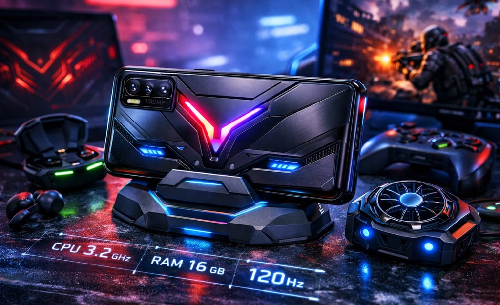 Smartphone gamer preto com iluminação RGB em uma base de resfriamento, cercado por acessórios 